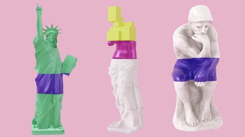 3D Glitch Of venus De Milo and Statue Of Liberty with The Thinker Sculpter On Pink Background. 3D Animation. 4K. Ultra High Definition.