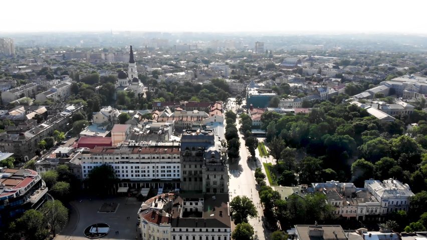 Drone shot Odessa. Drone view of a port city on the Black Sea in the southern part of Ukraine. 19th century architecture in Odessa. View from the drone to the sea and the port of Odessa. 