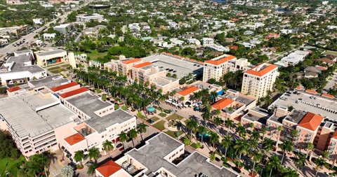 Boca Raton, FL, USA - December 19, 2021: Drone shot of Mizner Park Boca Raton FL