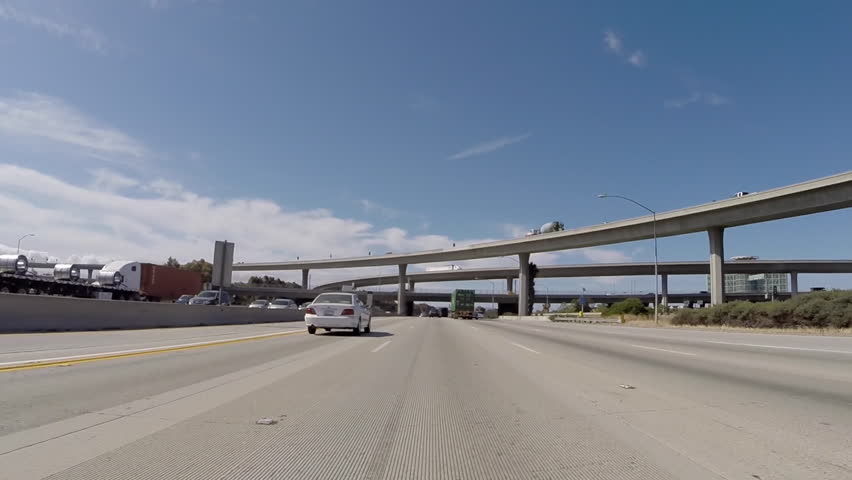 LOS ANGELES, CALIFORNIA, USA - July 10, 2015:  San Diego 405 Freeway south and 105 Freeway Interchange near LAX in Los Angeles.
