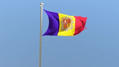 Andorran flag on flagpole. Andorra flag fluttering in the wind.