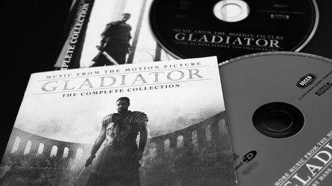 Rome, 01 December 2021: cover and cd of the soundtrack of Ridley Scott's film, THE GLADIATOR. colossal historian that grossed $ 457 million worldwide and won 5 Oscars