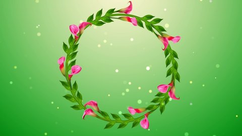 Natural Magic Warm Green Circle Frame Vine Pink Calla Lily Flowers And Leaves Sway In The Wind With Twinkling Glitter Dust Flying, Isolated With Black And Alpha Matte, Last 10 Seconds Seamless Loop