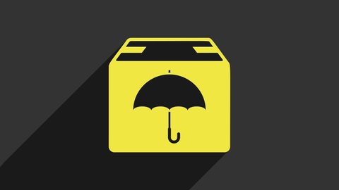 Yellow Delivery package with umbrella symbol icon isolated on grey background. Parcel cardboard box with umbrella sign. Logistic and delivery. 4K Video motion graphic animation.