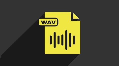 Yellow WAV file document. Download wav button icon isolated on grey background. WAV waveform audio file format for digital audio riff files. 4K Video motion graphic animation.