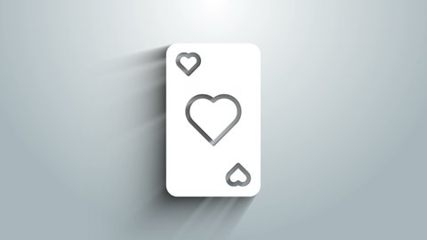 White Playing card with heart symbol icon isolated on grey background. Casino gambling. 4K Video motion graphic animation.