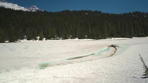 The frozen reflection lake in the Mount Rainier National Park during the Spring of 2021