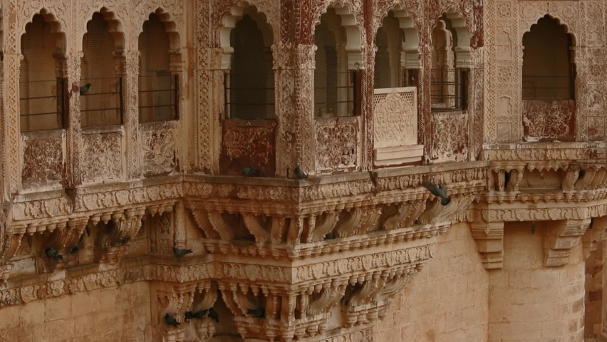 Mehrangarh Fort in Jodhpur, India. Inside Mehrangarh boundaries there are several palaces known for their intricate carvings and expansive courtyards, as well as a museum housing various relics.