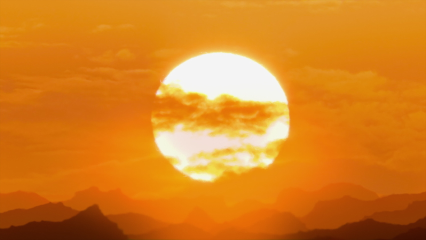 Red orange sunset over the mountains, hot weather, heat distortion