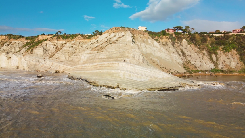 Aerial drone viewpoint on Stair of the Turks. Scala dei Turchi is a rocky cliff on the southern coast of Sicily, Italy