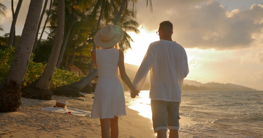 Back view couple of lovers walk along sandy beach enjoying tropical sunset havig good time together Royalty-Free Stock Footage #1084399978