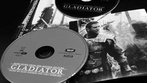 Rome, 01 December 2021: cover and cd of the soundtrack of Ridley Scott's film, THE GLADIATOR. colossal historian that grossed $ 457 million worldwide and won 5 Oscars
