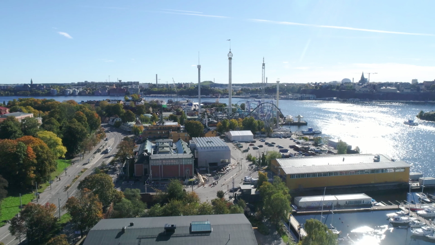 Panorama of Stockholm city on a sunny day - Grona Lund amusement park, Djurgarden and Stockholms inlopp