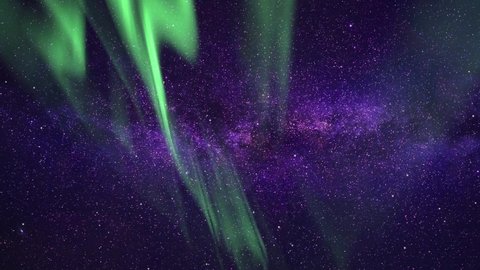 Milky way. Northern lights. Cosmos, twinkling stars, aurora. Time lapse background. Night sky. 59,94 fps