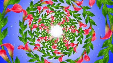 Motion Reveal Circle Frame Vine Pink Calla Lily Flowers And Leaves Tunnel Swaying With Blue Shiny Twinkling Glitter Dust 3D Rendering, Last 10 Seconds Seamless Loop