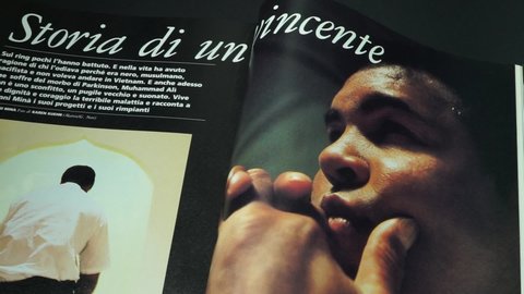 Rome, Italy - December 25, 2021, detail of an article dedicated to Muhammad Ali, born Cassius Marcellus Clay Jr., in the now out of print monthly magazine King, of October, 1989.