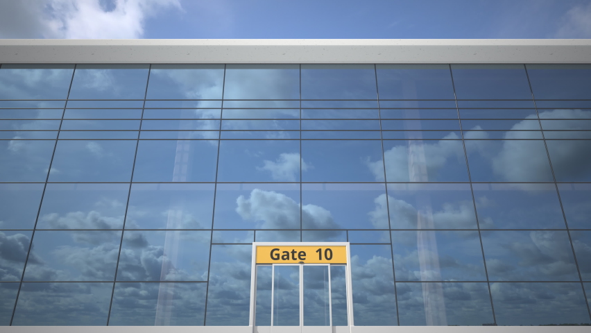 Plane reflects in the airport terminal with ISLAMABAD city name