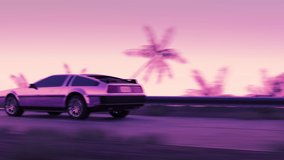 Car driving along highway. Palms, country road, tropical coast fast drive. Bright purple, pink sunset light. Retro wave, synthwave, vaporwave 80s 90s style clip. Summer mood Seamless loop 3D Render 4K