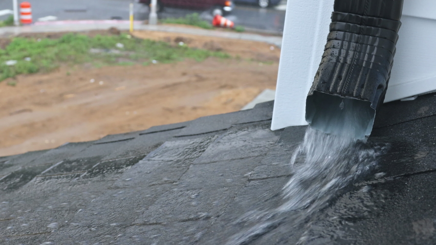 Working gutter on a rainwater dripping from the water flows on the roof during the rainy season. Royalty-Free Stock Footage #1084422322