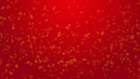 4K video motion graphic background. Red glittering christmas background with golden christmas tree shiny lights, snowflakes, star and particles moving down