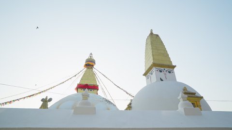 Awesome panorama. Famous world heritage temple. Golden white Swayambhunath stupa