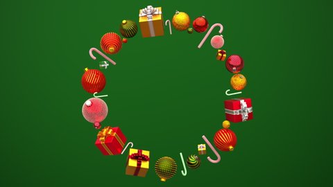 Christmas loop background. Christmas balls, gift boxes, candies and lollipops fly in circle on green backdrop. New years and xmas bright dynamic 3d animated greeting card with copy space.