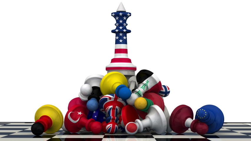 Loss of US dominance in geopolitics. Chess figure - king in the US flag colors on the top of a pile of fallen pawns in the colors of the flags of different countries. The falling king. New world order Royalty-Free Stock Footage #1084430218