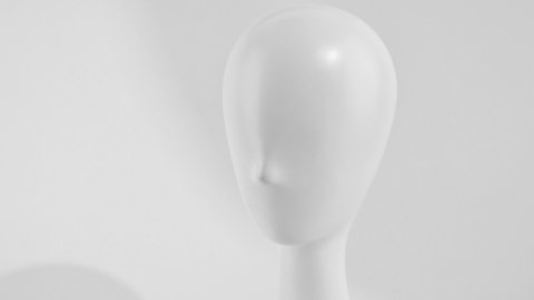Overview of a white mannequin head of a human. Plastic mannequin of a human head isolated on a white background.