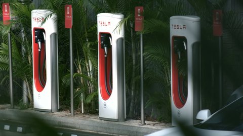 Hong Kong - December 21, 2021: Tesla electric car charging station in Hong Kong.