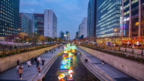 Time Lapse: Seoul, South Korea: November 29, 2021: Seoul Lantern Festival at Cheonggyecheon stream.