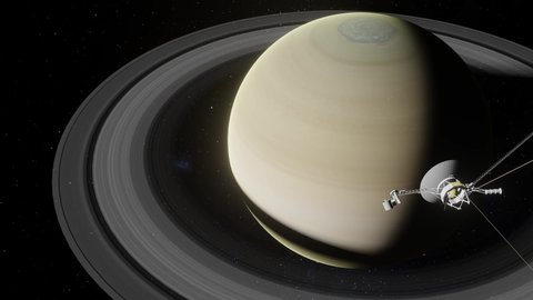 Voyager Space Probe Approaching Planet Saturn 4K Stock Footage