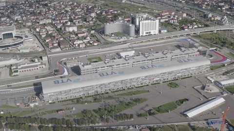 D-Log. Sochi, Russia - September 6, 2021: Sochi Autodrom. Main stands. Olympic Sochi Park. Morning hours, Aerial View
