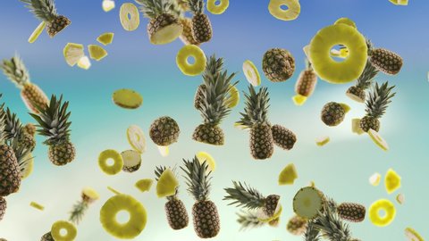 Pineapples with Slices Falling on Beach Background.