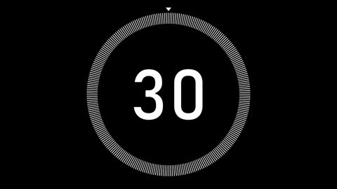 Countdown timer animation from 30 to 0 seconds on transparent background with alpha channel.