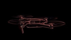 Drone flying hovering against dark black background, 3d color effect animation with glowing ghostly shape of a futuristic phenomenon, strange weird appearance, motion graphics overlay