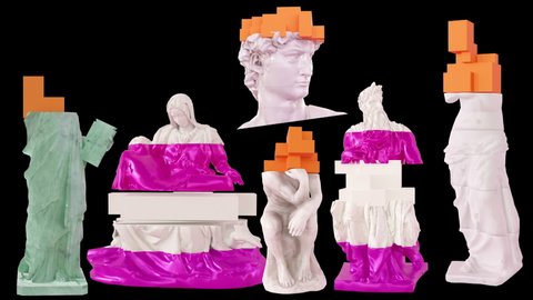 3D Glitch Of Davivd, venus De Milo, The Pieta, Thinker and Statue Of Liberty and Moses Sculpture On Black Background. 3D Animation. 4K. Ultra High Definition.