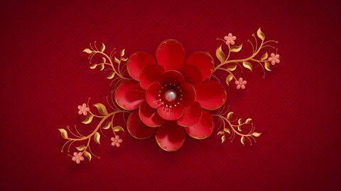 Happy Chinese New Year dynamic background. Paper cut craft style Asian art. Red, pink colored flowers with peals in centre, golden branches. Traditional Spring festival Lunar year decoration 3D Render