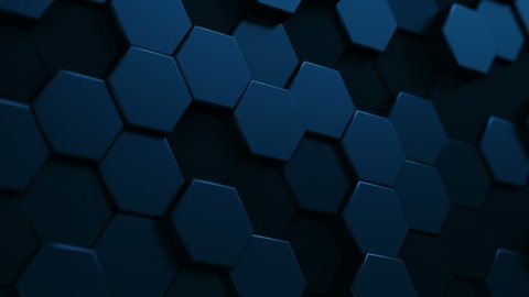 Abstract Hexagon Geometric Surface Loop 5 Dark Blue. Minimal hexagonal grid pattern animation in deep blue. Clean background with glossy steel blue hexagon shapes. Seamless loop.
