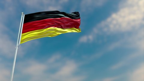 Germany flag waving in the wind with high-quality texture in 4K UHD National Flag. Realistic Animation of the German flag with moving clouds blue sky background