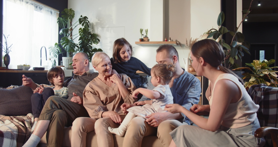 MULTI GENERATIONAL FAMILY Cheerful senior grandparents, young mom and dad, teens and baby girl talk on couch at home. Royalty-Free Stock Footage #1084451383