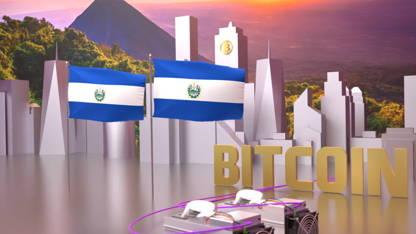 3d video - 3d rendering of bitcoin city with the bitcoin symbol and a volcano in the background. The national flag of EL SALVADOR is on the front of the bitcoin city. 3d rendering Royalty-Free Stock Footage #1084453960