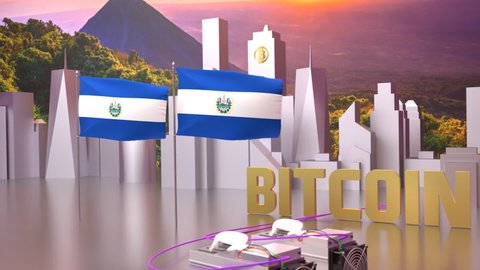3d video - 3d rendering of bitcoin city with the bitcoin symbol and a volcano in the background. The national flag of EL SALVADOR is on the front of the bitcoin city. 3d rendering
