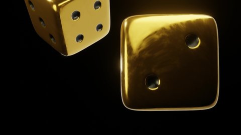 Close-up gold dices rotating in anticlockwise orbit. 4K 3D Animation Loop. Dark background.