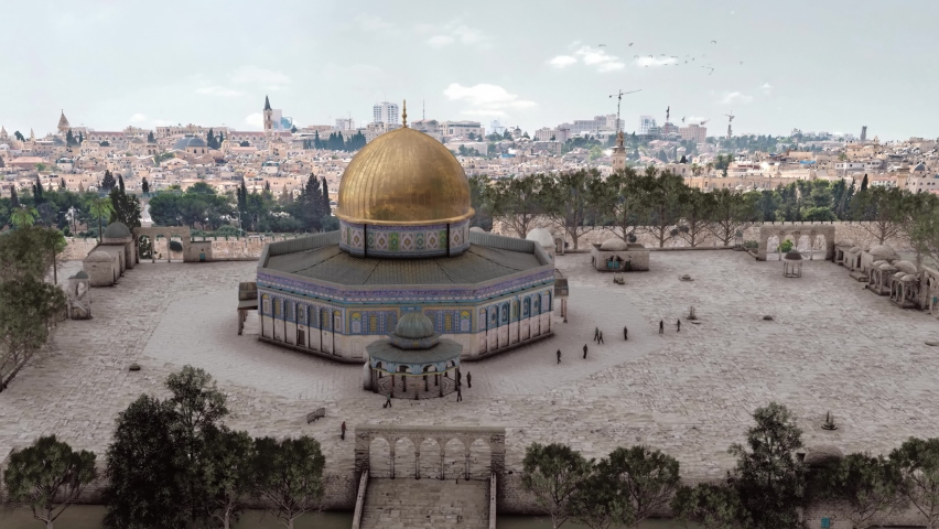 Jerusalem Dome Of The Rock Temple Mount Mosque rooftop Aerial 
Drone top down view over the top of the mosque, old city of Jerusalem, Israel
 | Shutterstock HD Video #1084461001
