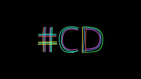 Hashtag #CD. Animated text from color curved lines like from a felt-tip pen, pensil. Transparent Alpha channel, 4K video. Trendy popular Hashtag #CD for disk, social network, title video intro.