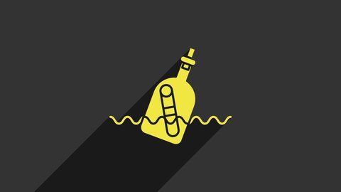 Yellow Glass bottle with a message in water icon isolated on grey background. Letter in the bottle. Pirates symbol. 4K Video motion graphic animation.
