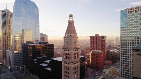 Denver , Colorado , United States - 12 14 2021: Lannies Clocktower Landmark In Downtown Denver Colorado During Sunset.