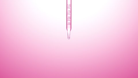 Macro shot of clear fluid is dripped from graduated chemical dropper on pale pink background | Abstract skin care serum ingredients mixing concept