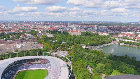 HANOVER, GERMANY, EUROPE - CIRCA 2020: Aerial view of city in Germany, Niedersachsenstadion stadium (HDI Arena), famous soccer stadium and home of German Bundesliga football club Hannover 96.