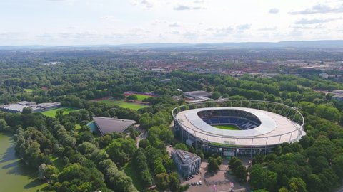 HANOVER, GERMANY, EUROPE - CIRCA 2020: Aerial view of city in Germany, Niedersachsenstadion stadium (HDI Arena), famous soccer stadium and home of German Bundesliga football club Hannover 96.